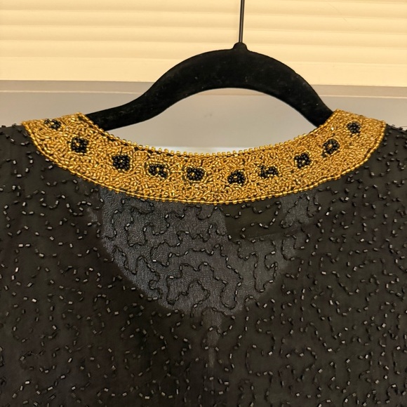 Vintage Stenay 100% Silk Black Gold Beaded Long Sleeve Blouse Evening Elegant LG - Picture 11 of 13